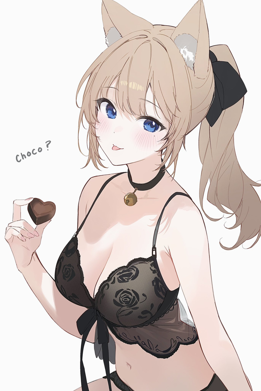 1girl animal_ear_fluff animal_ears bare_arms bare_shoulders bell bikini black_choker blonde_hair blue_eyes blush breasts candy cat_ears cat_girl chocolate choker cleavage commentary food front-tie_bikini_top front-tie_top hair_ribbon heart heart-shaped_chocolate highres holding holding_chocolate holding_food looking_at_viewer medium_breasts navel neck_bell open_mouth original ponytail ribbon simple_background solo soybean_(hisoybean) swimsuit symbol-only_commentary tongue tongue_out upper_body white_background