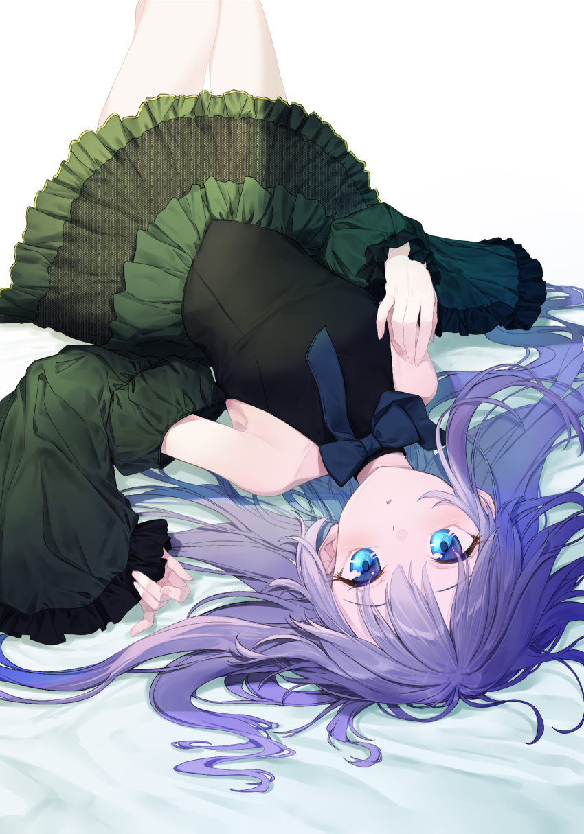 1girl bare_shoulders black_dress blue_eyes blush bow bowtie breasts coffeekite detached_sleeves dress fate/extra fate/extra_ccc fate/grand_order fate_(series) green_skirt highres long_hair long_sleeves looking_at_viewer lying meltryllis_(fate) on_back open_mouth purple_hair skirt small_breasts solo thighs