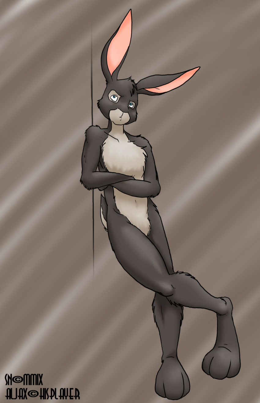 2010 absurd_res against_surface against_wall anthro big_feet biped blue_eyes digital_media_(artwork) featureless_crotch feet fur grey_body grey_fur hi_res jax_rabbit lagomorph leporid looking_away male mammal nude rabbit simple_background sn solo standing tail