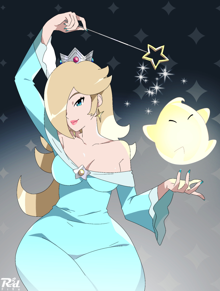 1girl aqua_dress aqua_nails blonde_hair blue_eyes breasts brooch collarbone crown dress earrings hair_over_one_eye highres holding holding_wand jewelry long_hair long_sleeves luma_(mario) mario_(series) medium_breasts nail_polish off-shoulder_dress off_shoulder r3dfive rosalina smile star_(symbol) star_brooch star_earrings star_wand super_mario_galaxy wand wide_hips