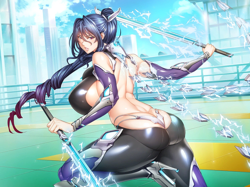 1girl ass bare_shoulders blue_hair bodysuit boots breasts butt_crack cityscape day dual_wielding electricity game_cg high_heels high_ponytail holding holding_sword holding_weapon huge_ass huge_breasts impossible_bodysuit impossible_clothes lips long_hair looking_at_viewer looking_back non-web_source official_art outdoors purple_eyes shiny_clothes sideboob solo sword taimanin_(series) taimanin_rpgx uehara_rin very_long_hair weapon