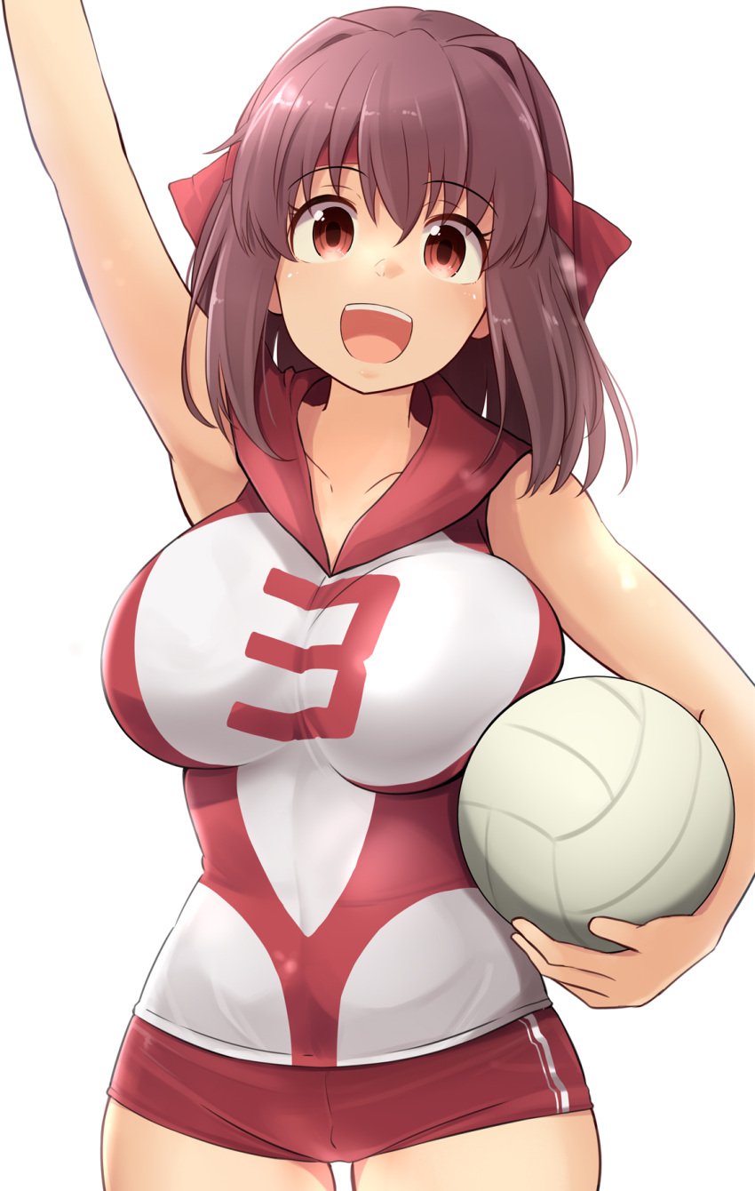 1girl :d arm_up ball breasts brown_eyes brown_hair carrying carrying_under_arm commentary_request girls_und_panzer hair_between_eyes headband highres kitayama_miuki kondou_taeko large_breasts looking_at_viewer medium_hair number_print open_mouth red_headband red_shorts shirt short_shorts shorts simple_background sleeveless sleeveless_shirt smile solo sportswear teeth upper_teeth_only volleyball_(object) volleyball_uniform white_background