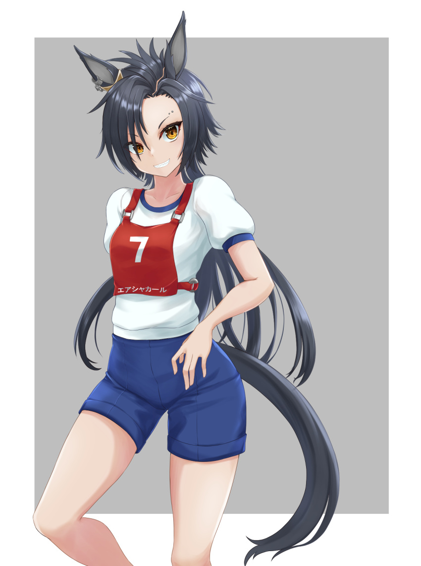 1girl air_shakur_(umamusume) animal_ears arm_behind_head asymmetrical_bangs black_hair blue_shorts character_name commentary ear_ornament eyebrow_piercing grey_background grin gym_shirt gym_shorts gym_uniform highres horse_ears horse_girl horse_tail kemuri_(etep3372) long_hair looking_at_viewer orange_eyes piercing race_bib sharp_teeth shirt short_sleeves shorts smile solo standing t-shirt tail teeth translated umamusume white_shirt