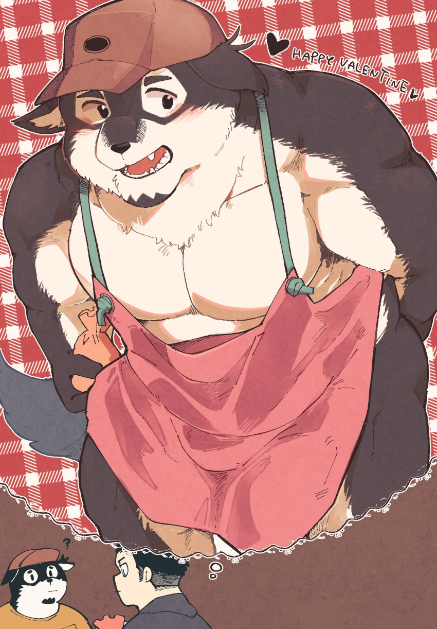 2boys ? animal_ears apron bara baseball_cap blush bulge cowboy_shot dog_boy dog_ears english_text furry furry_male happy_valentine hat highres image_in_thought_bubble imagining large_pectorals male_focus multiple_boys muscular muscular_male naked_apron neck_fur original pectoral_cleavage pectorals sawch_cls smile thought_bubble two-tone_fur upper_body valentine