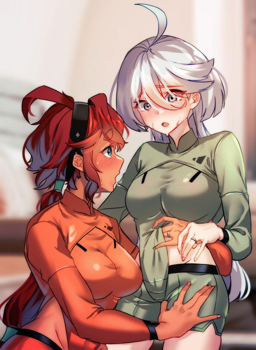 2girls ahoge blush breasts green_eyes grey_eyes gundam gundam_suisei_no_majo hairband hand_under_clothes highres indoors jewelry leotard long_hair looking_at_another medium_breasts miorine_rembran multiple_girls open_mouth ponytail red_hair ring shorts suletta_mercury sweat tomoru_(tomanvil_3) wedding_ring white_hair wife_and_wife yuri