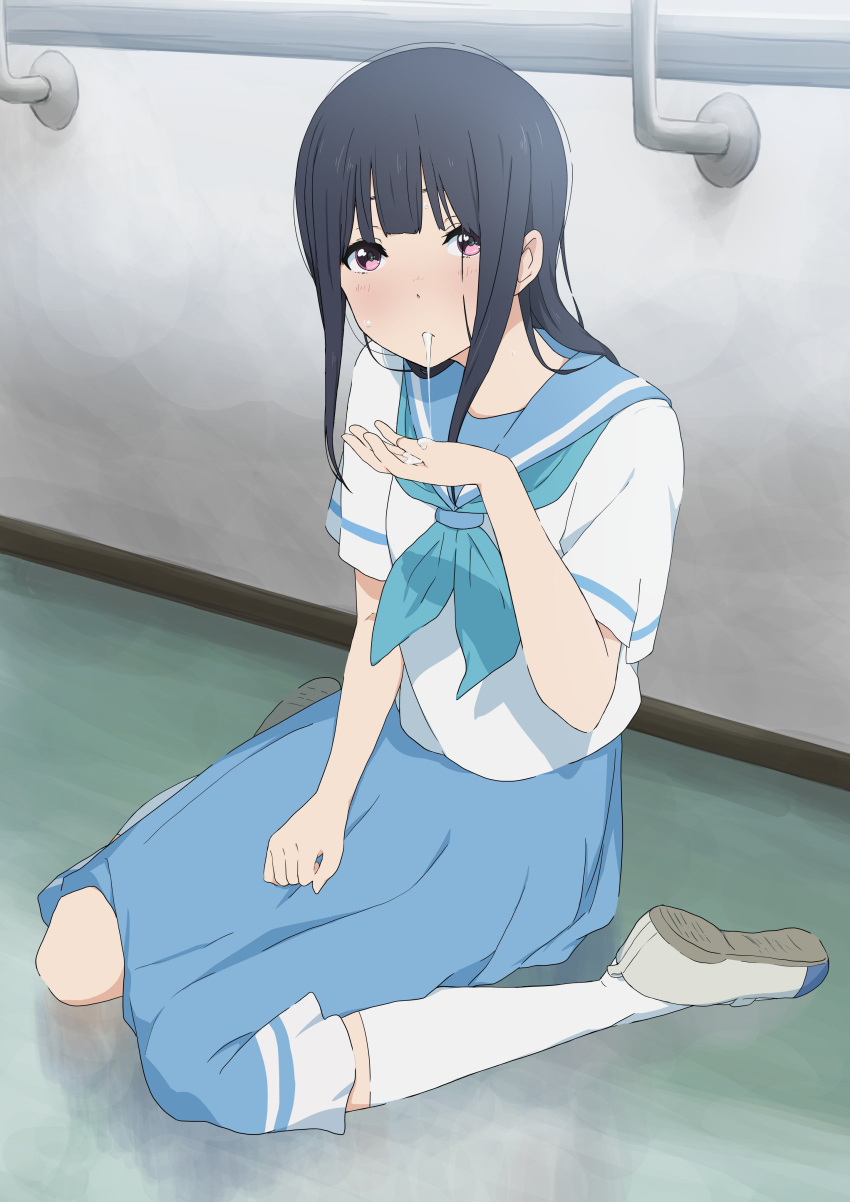 1girl absurdres aqua_neckerchief black_hair blue_hair blue_sailor_collar blue_skirt commentary commission cum cum_in_mouth cum_on_hands full_body hibike!_euphonium highres indoors kicchi_(tmgk) kitauji_high_school_uniform kneehighs long_hair looking_at_viewer neckerchief purple_eyes sailor_collar school_uniform serafuku shirt shoes short_sleeves sitting skeb_commission skirt socks solo summer_uniform uwabaki white_footwear white_shirt white_socks yoroizuka_mizore