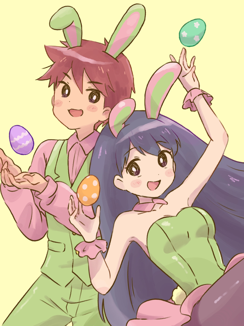 1boy 1girl animal_ears black_eyes black_pantyhose blush_stickers brown_hair collar collared_shirt commentary detached_collar easter easter_egg egg fake_animal_ears fake_tail frilled_wrist_cuffs frills green_leotard green_pants green_vest hero_(faraway)_(omori) hero_(omori) highres leotard light_blush long_hair looking_at_another mari_(faraway)_(omori) mari_(omori) mihimihi31 omori open_mouth pants pantyhose pink_collar pink_shirt pink_skirt pink_wrist_cuffs playboy_bunny purple_hair rabbit_ears rabbit_tail shirt short_hair simple_background skirt strapless strapless_leotard symbol-only_commentary tail vest wrist_cuffs yellow_background