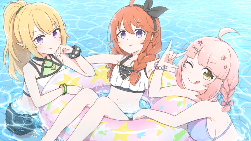 3girls :q \m/ afloat ahoge armpits bangle bead_bracelet beads bikini black_hairband blonde_hair blush bow_hairband bracelet braid breasts chieru_(princess_connect!) chloe_(princess_connect!) collarbone crown_braid feet_out_of_frame fujiyama_(yellow) hair_ornament hair_ribbon hairband jewelry long_hair looking_at_viewer multiple_girls navel one_eye_closed orange_hair pink_hair pink_innertube pink_ribbon pointy_ears ponytail princess_connect! purple_eyes ribbon scrunchie short_hair sidelocks single_braid small_breasts star_(symbol) star_in_eye swept_bangs swimsuit symbol_in_eye tongue tongue_out twin_braids wading water wet wings wrist_scrunchie yellow_eyes yuni_(princess_connect!)