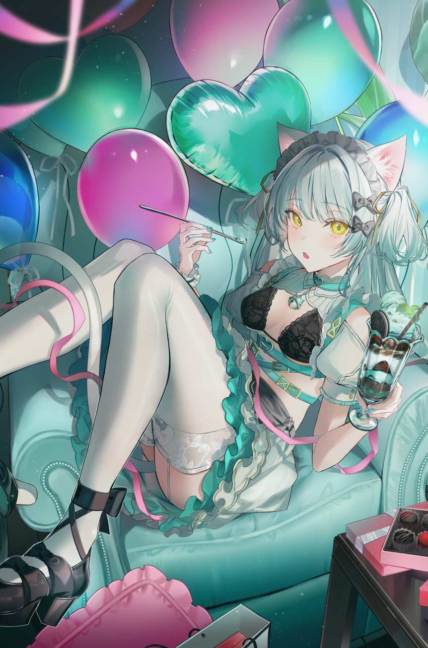 1girl absurdres animal_ears balloon black_bra blush bra breasts cat_ears cat_tail couch dress food frilled_dress frills garter_straps green_hair hairband heart_balloon highres holding holding_spoon ice_cream kawachi_rin lolita_fashion lolita_hairband long_hair looking_at_viewer on_couch open_clothes original parfait small_breasts solo spoon tail thighhighs underwear white_thighhighs wrist_cuffs yellow_eyes
