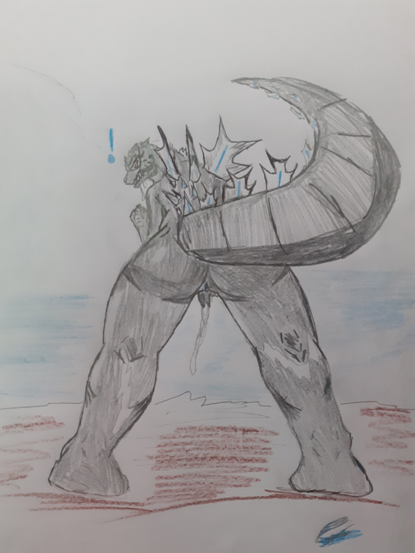 absurd_res ass_up big_butt bodily_fluids butt dorsal_spikes female genital_fluids godzilla godzilla_(series) graphite_(artwork) hi_res humanoid masturbation pencil_(artwork) rear_view sofn54 solo tail thick_thighs toho traditional_media_(artwork) vaginal_fluids