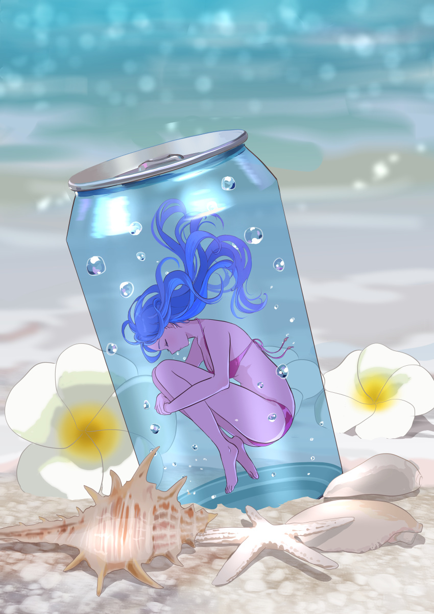 1girl absurdres air_bubble beach bikini blue_hair bubble can closed_eyes closed_mouth colored_skin day fetal_position flower highres nap_on_a_cloud ocean original outdoors pink_skin purple_bikini sand seashell shell solo submerged swimsuit