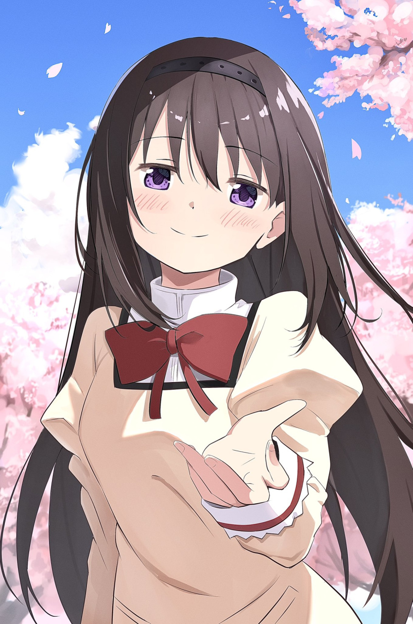 1girl akemi_homura black_hair black_hairband blue_sky blush bow bowtie cherry_blossoms cloud cloudy_sky collared_shirt commentary_request commission hairband highres juliet_sleeves long_hair long_sleeves looking_at_viewer mahou_shoujo_madoka_magica mahou_shoujo_madoka_magica_(anime) mitakihara_school_uniform nagare_(flow) outstretched_hand puffy_sleeves purple_eyes red_bow red_bowtie school_uniform shirt skeb_commission sky smile solo sweater tree white_shirt yellow_sweater