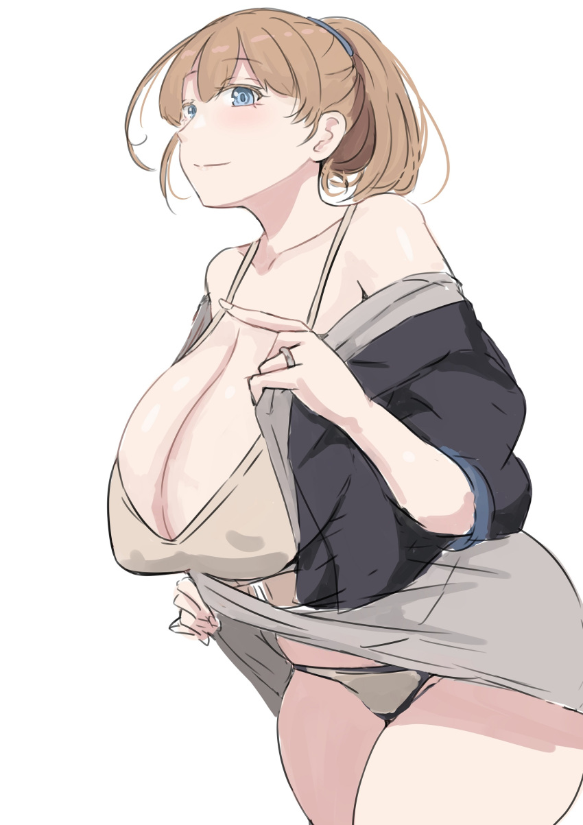 absurdres black_jacket blue_eyes bra breasts brown_bra brown_hair brown_panties cleavage clothes_lift grey_skirt highres intrepid_(kancolle) jacket jewelry kantai_collection ken_(shutenndouji1) large_breasts open_clothes open_jacket panties pencil_skirt ponytail ring short_hair skirt skirt_lift underwear wedding_ring