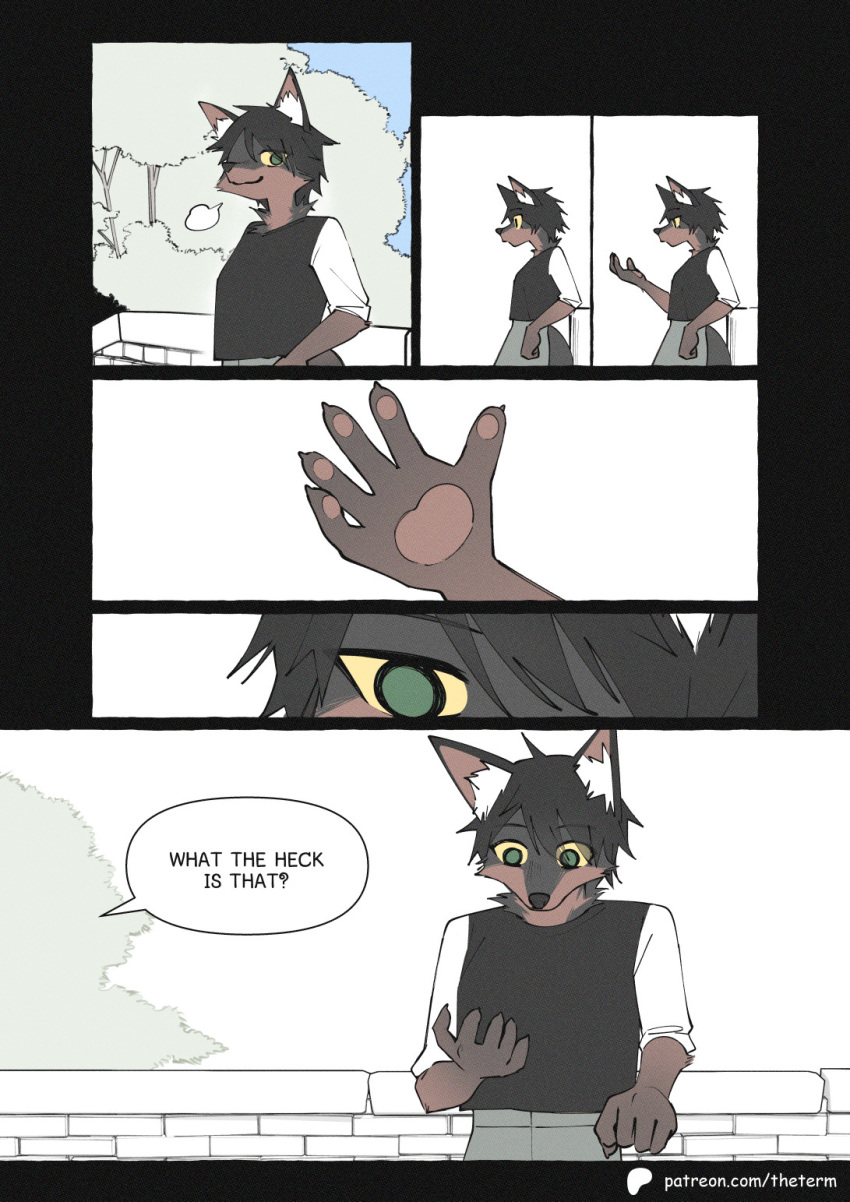 anthro black_clothing black_hair brown_body canid canine canis clothed clothing comic dialogue digital_media_(artwork) english_text female fur green_eyes hair hi_res mammal night_(theterm) plant simple_background smile solo speech_bubble tail text theterm tree white_background wolf