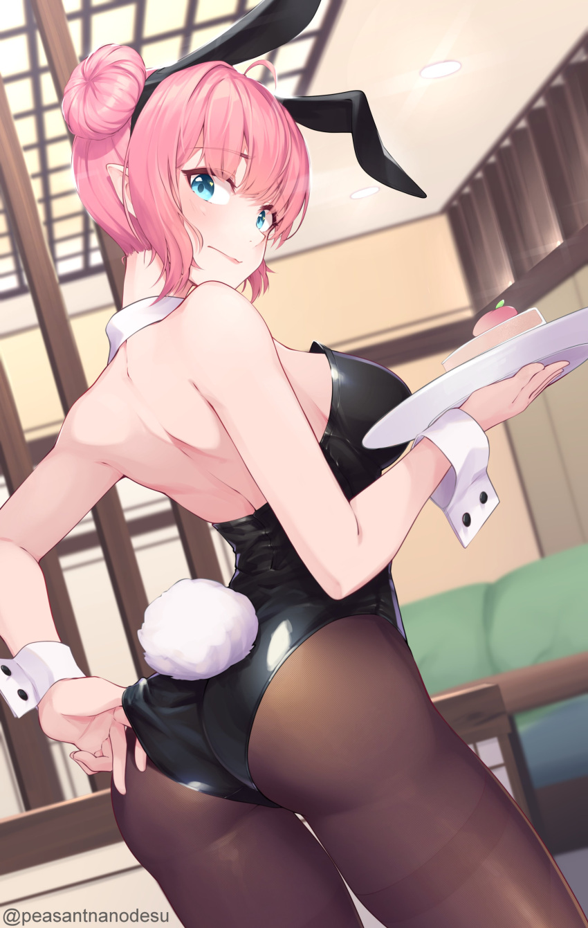 1girl absurdres adjusting_clothes adjusting_leotard ahoge animal_ears ass black_leotard blue_eyes breasts closed_mouth collar detached_collar fake_animal_ears from_behind hair_bun heart heart_in_eye highres holding holding_tray interior leotard looking_back median_furrow original p-san_(sansin) pantyhose pink_hair playboy_bunny pointy_ears rabbit_ears rabbit_tail short_hair solo strapless strapless_leotard symbol_in_eye tail thighband_pantyhose tray twitter_username white_collar white_wrist_cuffs wrist_cuffs
