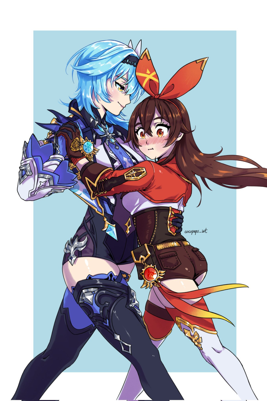 2girls :t amber_(genshin_impact) black_hairband blue_background blue_cape blue_gloves blue_hair blue_necktie blush boots border breasts brown_corset brown_gloves brown_hair brown_shorts cape closed_mouth cocopeps corrupted_twitter_file corset crossed_bangs dancing eula_(genshin_impact) floating_hair genshin_impact gloves hair_between_eyes hair_ribbon hairband hand_on_another's_hip high-waist_shorts highres interlocked_fingers jacket light_smile long_hair looking_ahead looking_at_another medium_breasts medium_hair multiple_girls necktie nose_blush orange_eyes red_hairband red_jacket red_ribbon ribbon short_shorts shorts shrug_(clothing) sidelocks tango thigh_boots thighhighs turning_head twitter_username two-tone_gloves vision_(genshin_impact) white_border white_thighhighs yellow_eyes