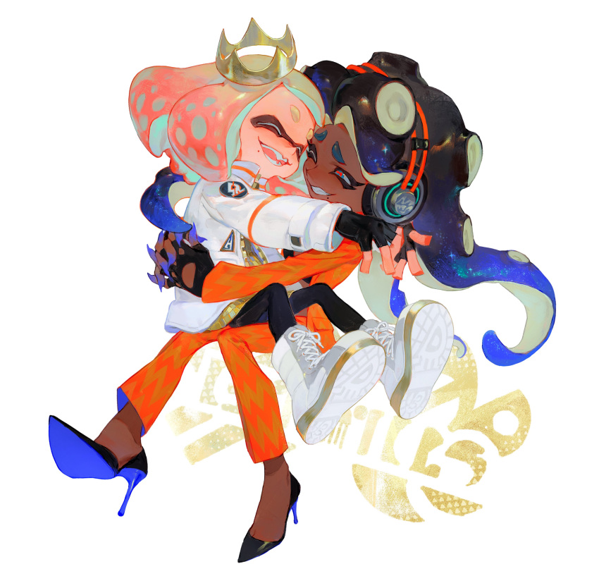 2girls absurdres black_footwear black_hair blue_hair boots carrying carrying_person cephalopod_eyes closed_eyes commentary creamyghost cross-laced_footwear crown dark-skinned_female dark_skin eyelashes full_body furrowed_brow gradient_hair headphones high_heels highres hug jacket long_hair marina_(splatoon) medium_hair multicolored_hair multiple_girls open_mouth orange_pants orange_suit pants pearl_(splatoon) pink_hair simple_background smile splatoon_(series) splatoon_3 splatoon_3:_side_order symbol-only_commentary teeth tentacle_hair thick_eyebrows two-tone_hair white_background white_footwear white_hair white_jacket