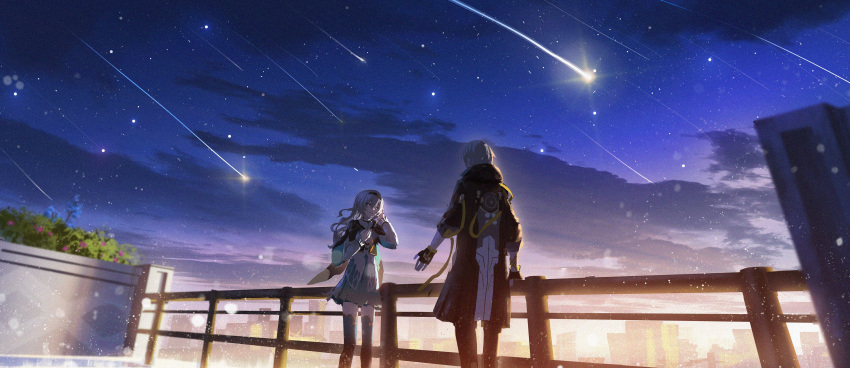 1boy 1girl absurdres asteroid_ill black_hairband black_jacket black_pants black_thighhighs caelus_(honkai:_star_rail) city cloud cropped_jacket evening firefly_(honkai:_star_rail) grey_hair hair_intakes hairband highres honkai:_star_rail honkai_(series) hood hood_down hooded_jacket jacket long_hair looking_at_another neckerchief night night_sky orange_neckerchief outdoors pants railing rooftop scenery shooting_star sky star_(sky) starry_sky thighhighs trailblazer_(honkai:_star_rail) very_wide_shot zettai_ryouiki