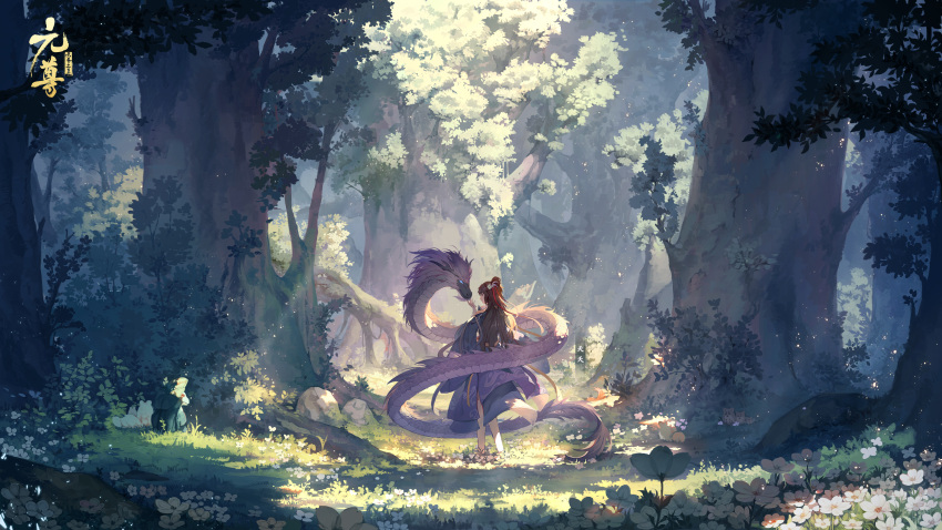 1girl absurdres brown_hair character_request chinese_clothes copyright_request dragon fantasy flower forest from_behind grass hair_ornament highres logo long_hair nature official_art outdoors scenery tree
