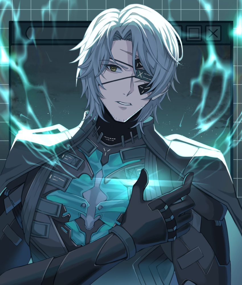 1boy asymmetrical_bangs black_bodysuit black_coat bodysuit brown_eyes coat eyepatch grey_hair highres mechanical_arms mechanical_parts medium_hair parted_lips punishing:_gray_raven scar scar_across_eye scar_on_face solo toi_pngr watanabe:_epitaph_(punishing:_gray_raven) watanabe_(punishing:_gray_raven)