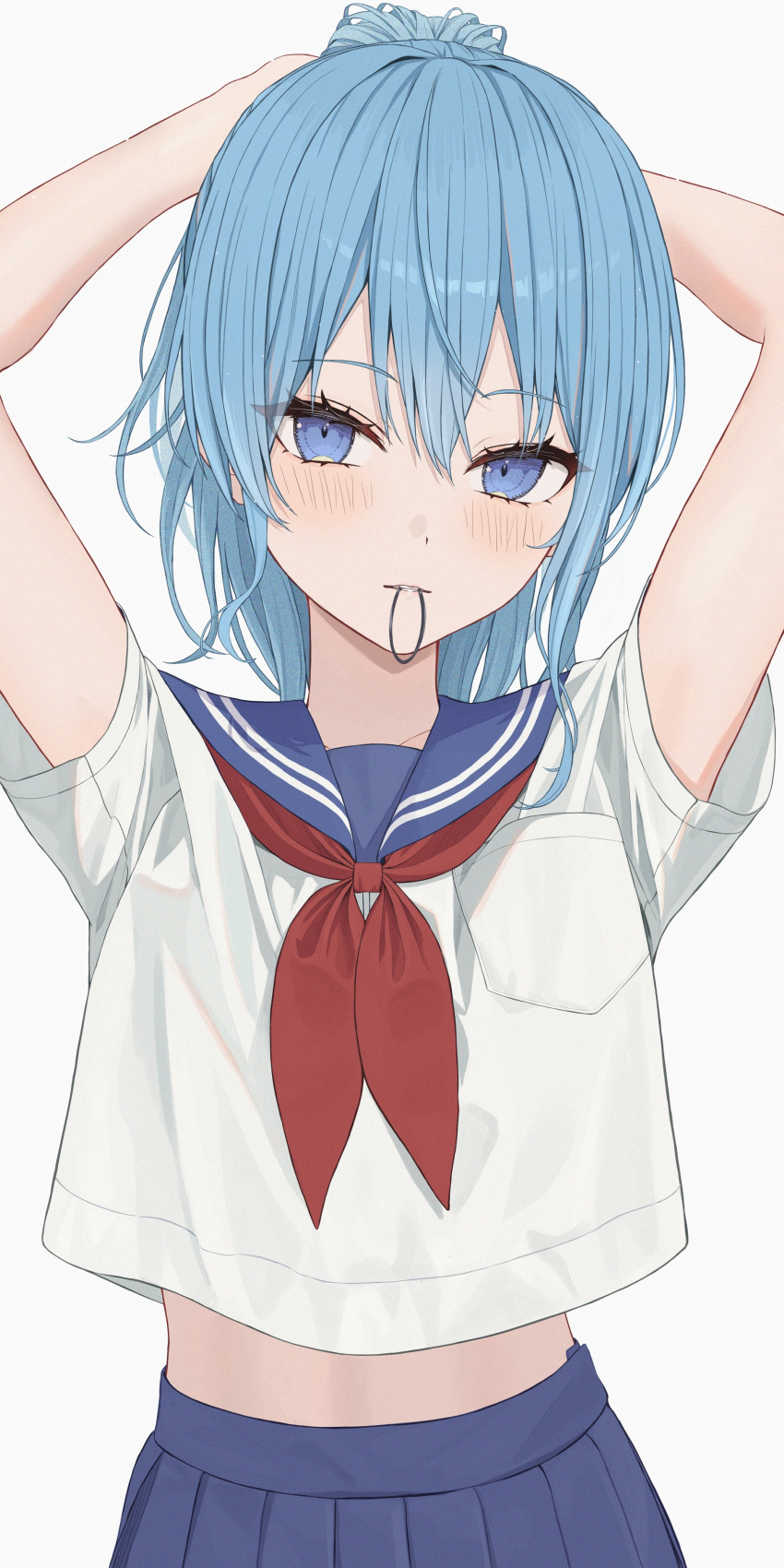 1girl absurdres alternate_costume arms_up blue_eyes blue_hair blue_sailor_collar blue_skirt blush commentary_request hair_tie_in_mouth highres hololive hoshimachi_suisei looking_at_viewer medium_hair mouth_hold neckerchief norio_(noriosub) parted_lips partial_commentary pleated_skirt red_neckerchief sailor_collar school_uniform serafuku shirt short_sleeves simple_background skirt solo star_(symbol) star_in_eye symbol_in_eye tying_hair virtual_youtuber white_background white_shirt