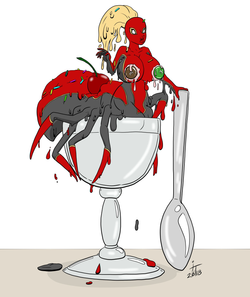 2018 5_fingers absurd_res after_transformation animal_humanoid arachnid arachnid_humanoid arthropod arthropod_humanoid blonde_hair candy cherry cutlery dessert digital_drawing_(artwork) digital_media_(artwork) expressionless female fingers food food_creature fruit hair hi_res holding_spoon humanoid ice_cream immortaltom kitchen_utensils m&amp;m's mars_incorporated melting melting_ice_cream multi_leg multi_limb nipples no_pupils open_mouth plant ponytail red_body shadow signature simple_background solo spoon tools white_background