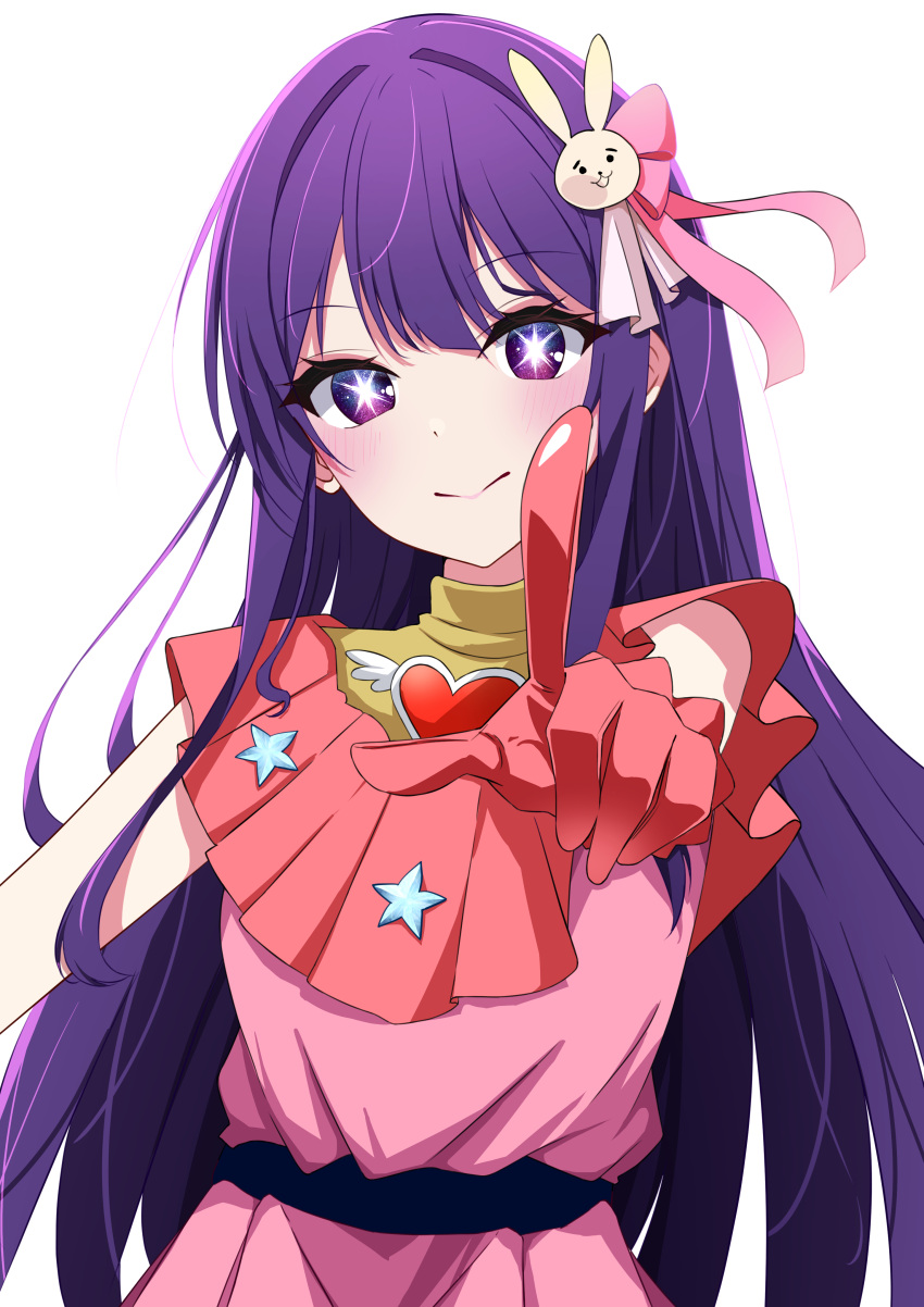 +_+ 1girl absurdres belt blush commentary_request dress foreshortening gloves hair_ornament hair_ribbon heart highres hoshino_ai_(oshi_no_ko) long_hair mikqze oshi_no_ko pointing pointing_at_viewer purple_eyes purple_hair rabbit_hair_ornament ribbon sleeveless sleeveless_dress smile solo star_(symbol) very_long_hair