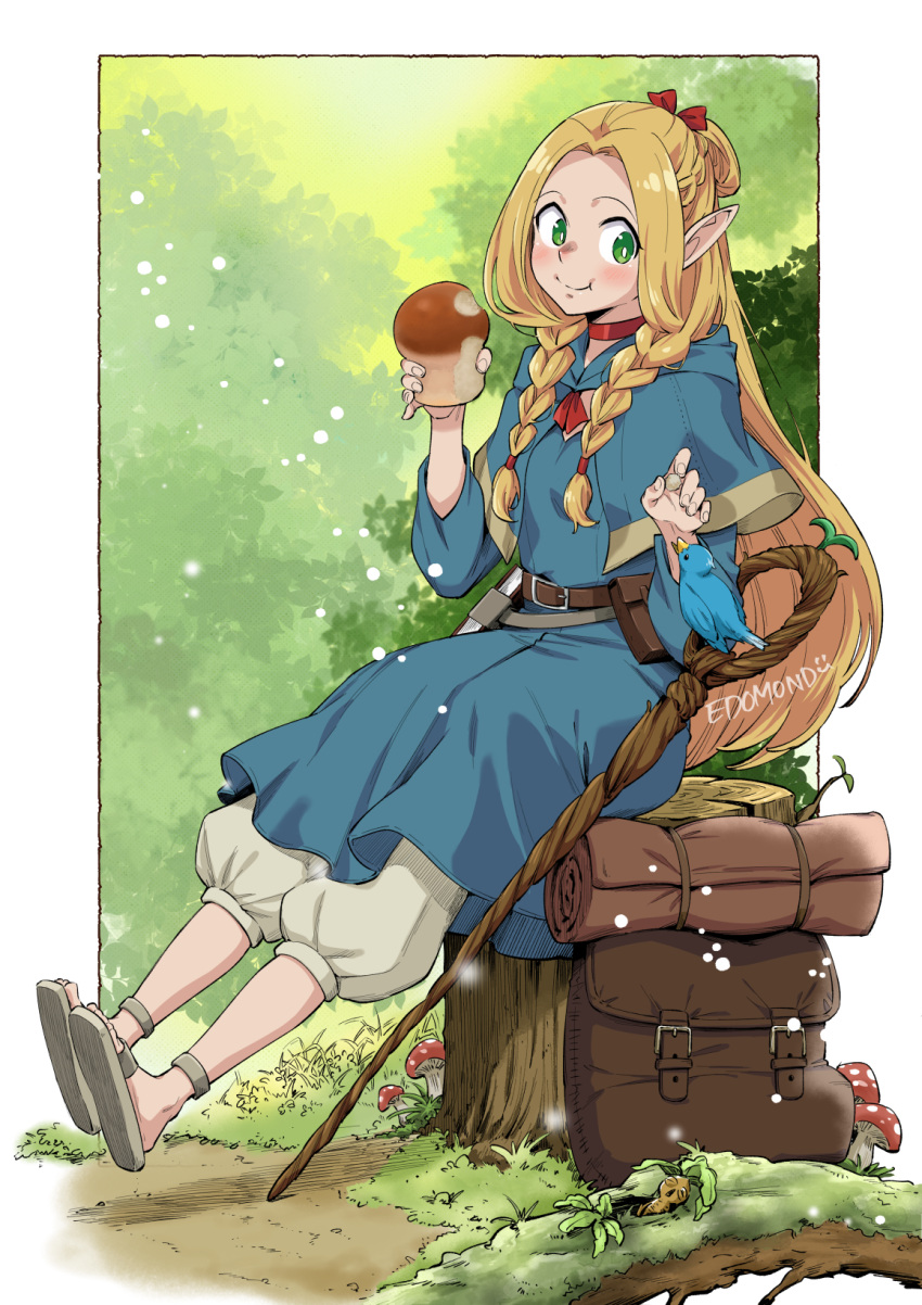 1girl :t artist_name backpack bag belt_pouch bird black_border blonde_hair blue_capelet blue_robe blush book book_holster border braid bread capelet choker closed_mouth commentary day dungeon_meshi eating edomon-do elf feeding fireflies food food_bite french_braid full_body green_eyes grey_footwear hands_up highres holding holding_food hood hood_down hooded_capelet light_particles long_hair long_sleeves looking_at_animal looking_at_viewer mandrake marcille_donato multiple_braids mushroom nature outside_border pants parted_bangs pointy_ears pouch robe sandals shoe_soles side_braid sitting sprout staff tree_stump unworn_backpack unworn_bag very_long_hair white_pants