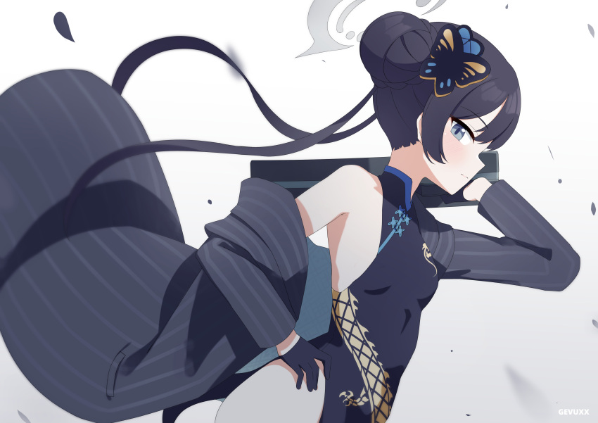 1girl absurdres black_dress black_gloves black_hair blue_archive blush breasts butterfly_hair_ornament china_dress chinese_clothes closed_mouth coat double_bun dragon_print dress from_side gevuxx gloves grey_coat grey_eyes grey_halo hair_bun hair_ornament halo highres kisaki_(blue_archive) long_hair long_sleeves profile sleeveless sleeveless_dress small_breasts solo striped_clothes striped_coat twintails vertical-striped_clothes vertical-striped_coat