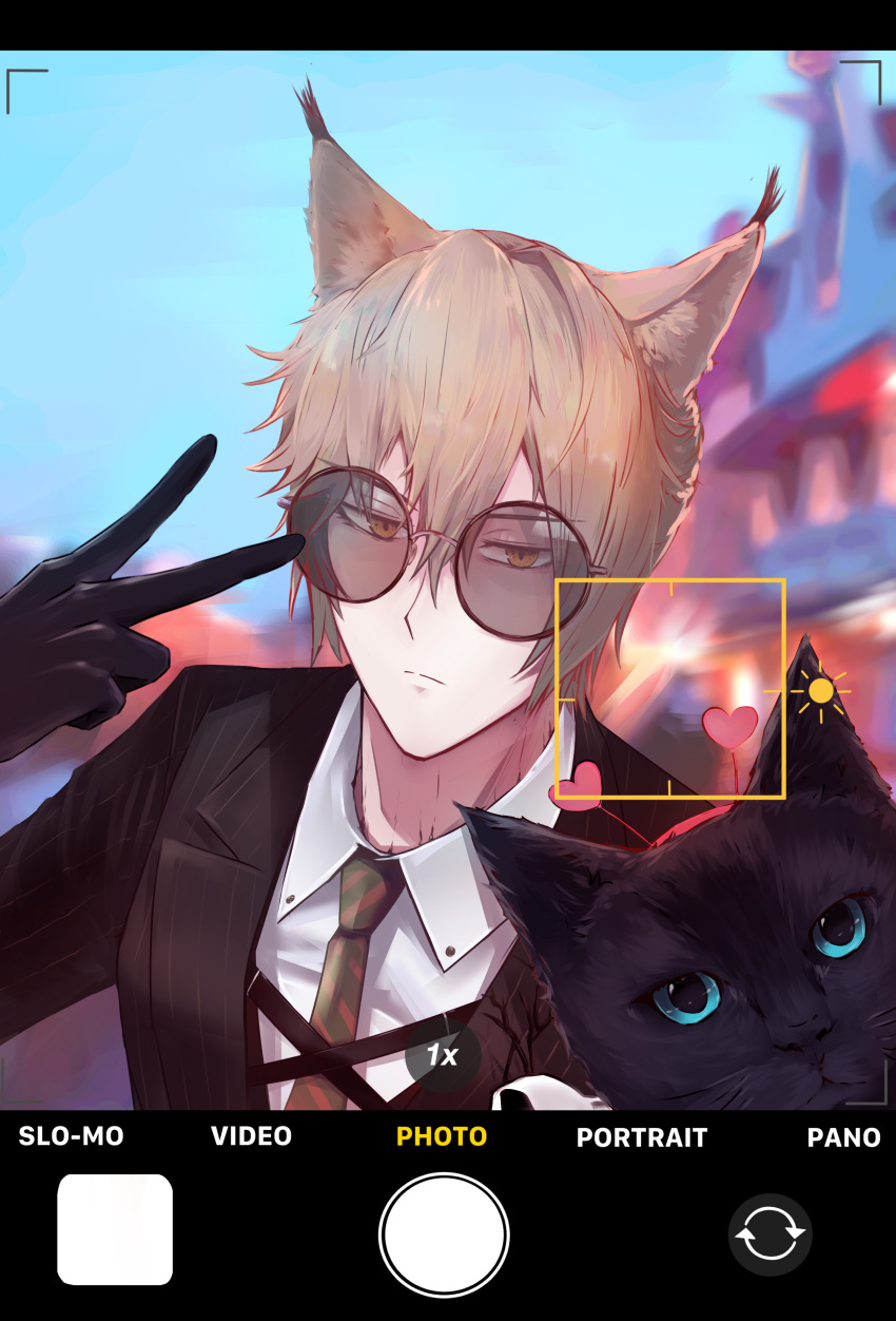 1boy absurdres alternate_costume animal_ear_fluff animal_ears arknights black_cat black_gloves black_jacket black_necktie blurry blurry_background brown_eyes brown_hair cat cat_boy cat_ears christine_(arknights) collared_shirt commentary english_text facial_recognition fake_phone_screenshot fake_screenshot frown gloves highres jacket looking_at_viewer male_focus necktie p_(hgdsisd) phantom_(arknights) photobomb red_necktie shirt short_hair striped_necktie upper_body v white_shirt