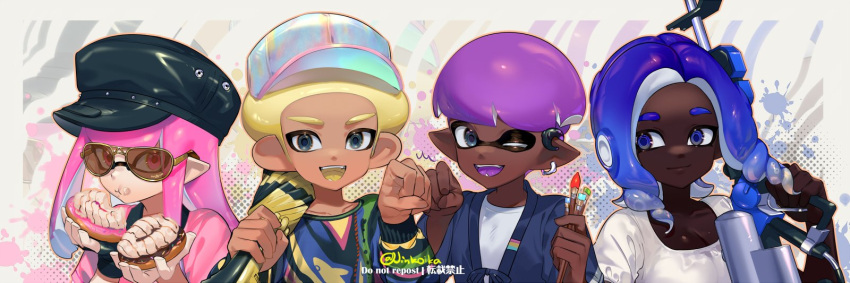 2boys 2girls afro artist_name baseball_cap black_headwear blonde_hair blue_eyes blue_hair border breasts chewing cleavage closed_mouth collarbone commentary dark-skinned_female dark-skinned_male dark_skin doughnut e-liter_4k_(splatoon) earrings eyelashes fist_bump food grey_eyes gun hat highres holding holding_food holding_gun holding_paintbrush holding_umbrella holding_weapon inkling_boy inkling_girl inkling_player_character jewelry jinkobanana large_breasts long_hair multicolored_background multicolored_clothes multicolored_headwear multicolored_sweater multiple_boys multiple_girls octoling_boy octoling_girl octoling_player_character one_eye_closed open_mouth outside_border paintbrush pink_eyes pink_hair pointy_ears purple_hair short_hair smile splat_brella_(splatoon) splatoon_(series) splatoon_3 sunglasses symbol-only_commentary teeth tentacle_hair thick_eyebrows twitter_username umbrella very_dark_skin weapon white_border yellow-framed_eyewear