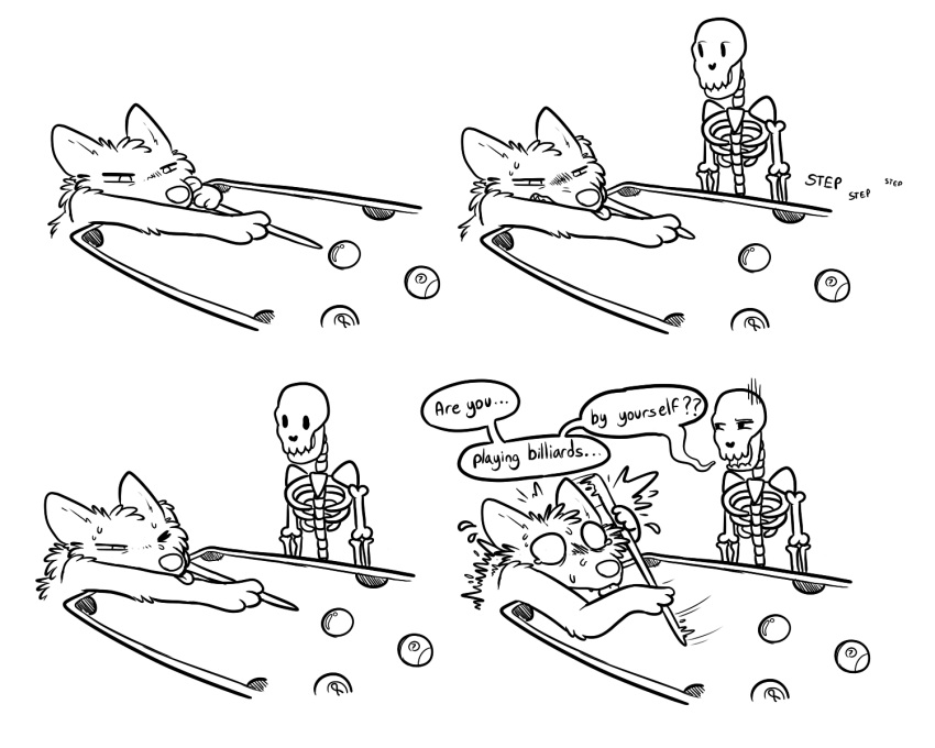 2024 4_panel_comic ambiguous_gender animated_skeleton anthro ball billiard_ball billiards black_and_white bodily_fluids bone canid canine comic cue_stick dialogue digital_drawing_(artwork) digital_media_(artwork) duo english_text fox fur handwritten_text hi_res maligaytor mammal monochrome narrowed_eyes simple_background skeleton snout sound_effects speech_bubble startled sweat sweatdrop text undead white_background wide_eyed
