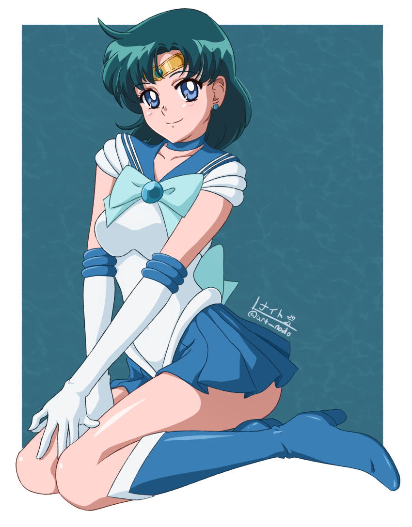 1girl absurdres back_bow bishoujo_senshi_sailor_moon blue_choker blue_eyes blue_hair blue_sailor_collar blue_skirt boots bow choker circlet earrings elbow_gloves gloves highres jewelry magical_girl mizuno_ami nightstark sailor_collar sailor_mercury sailor_senshi_uniform short_hair skirt smile solo white_gloves