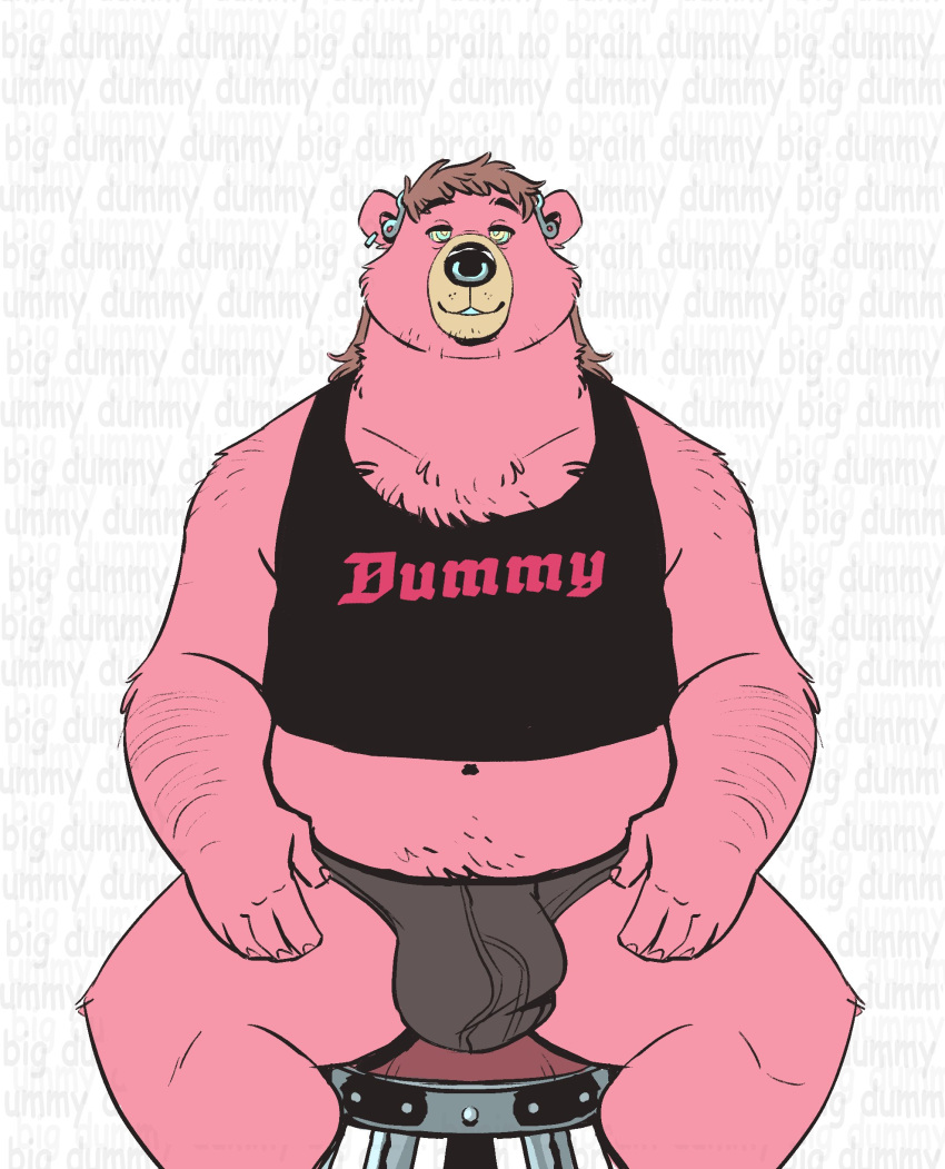 2021 absurd_res anthro austin_(night_physics) bear biped briefs bulge clothing digital_drawing_(artwork) digital_media_(artwork) dramamine ear_piercing electronics english_text facial_piercing fur furniture headgear headphones headset hi_res hypnosis intelligence_loss male mammal midriff mind_control mullet navel nose_piercing nose_ring piercing pink_body pink_fur ring_piercing ringed_eyes shirt simple_background sitting smile solo stool submissive submissive_male tank_top text topwear underwear