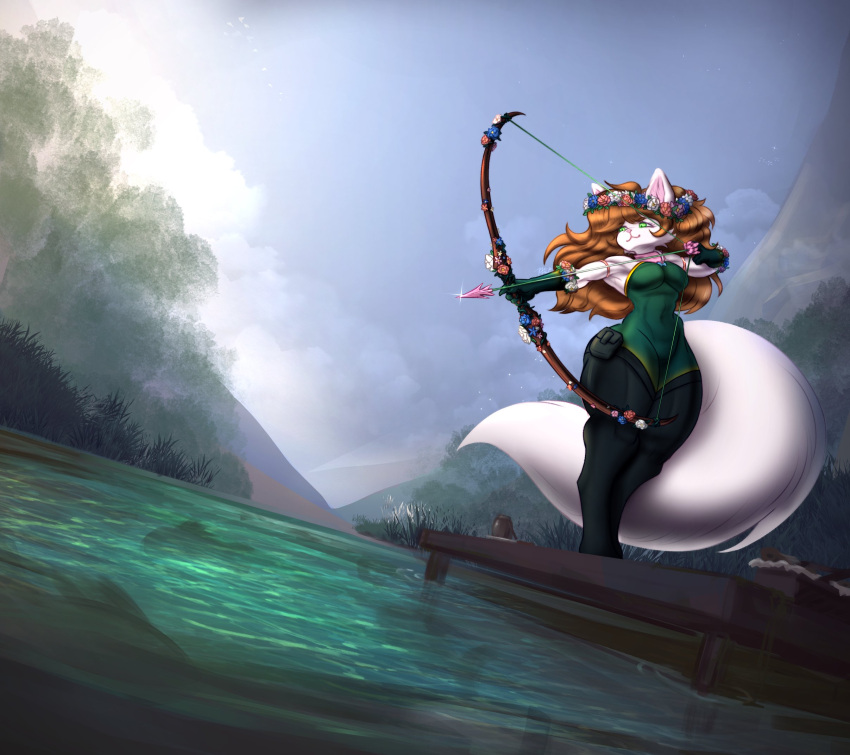 anthro arrow_(weapon) big_tail blue_sky bow_(weapon) breasts brown_hair clothing collar colored detailed_background domestic_cat dutch_angle felid feline felis female fish fishing flower flower_crown fluffy fluffy_tail forest full-length_portrait fur green_clothing green_eyes hair hi_res inner_ear_fluff lake long_hair loren_(lorenzinha) mammal marine petals pink_collar pink_inner_ear pink_nose plant portrait ranged_weapon reflection sevenjace sky small_breasts solo tail trans_(lore) trans_woman_(lore) tree tuft weapon white_body white_fur