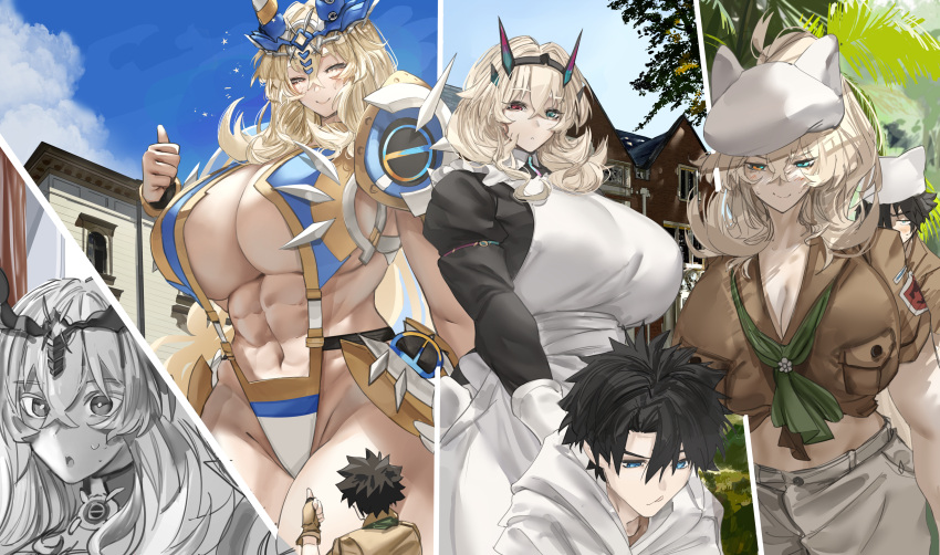 1boy 1girl abs absurdres bare_shoulders barghest_(fate) barghest_(swimsuit_archer)_(fate) breasts cleavage fate/grand_order fate_(series) fujimaru_ritsuka_(male) highres huge_breasts long_hair long_sleeves multiple_views navel obazzotto open_mouth