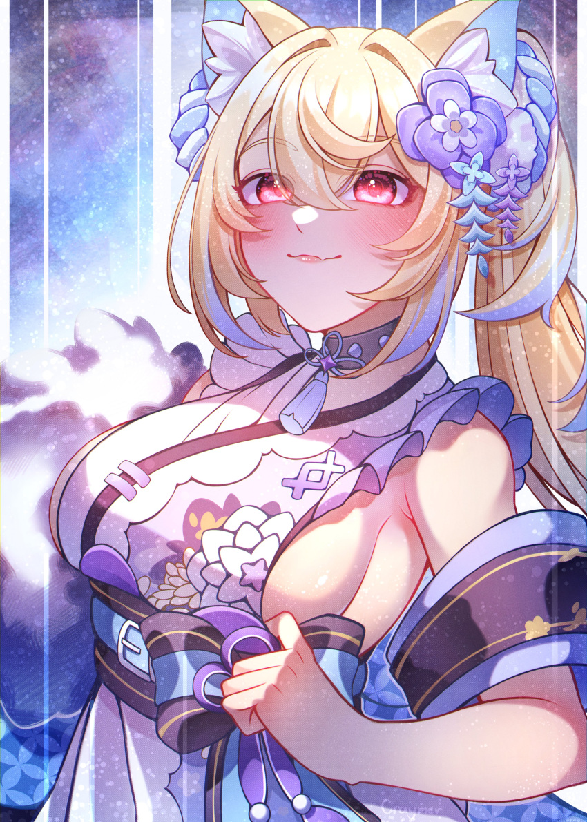 1girl absurdres animal_ear_fluff animal_ears black_collar blonde_hair blue_hair blue_kimono blush breasts collar craymer dog_ears dog_girl fang flower fuwawa_abyssgard fuwawa_abyssgard_(new_year) hair_flower hair_ornament highres hololive hololive_english japanese_clothes kimono large_breasts long_hair multicolored_hair official_alternate_costume pink_eyes ponytail skin_fang sleeveless sleeveless_kimono smile solo spiked_collar spikes streaked_hair virtual_youtuber