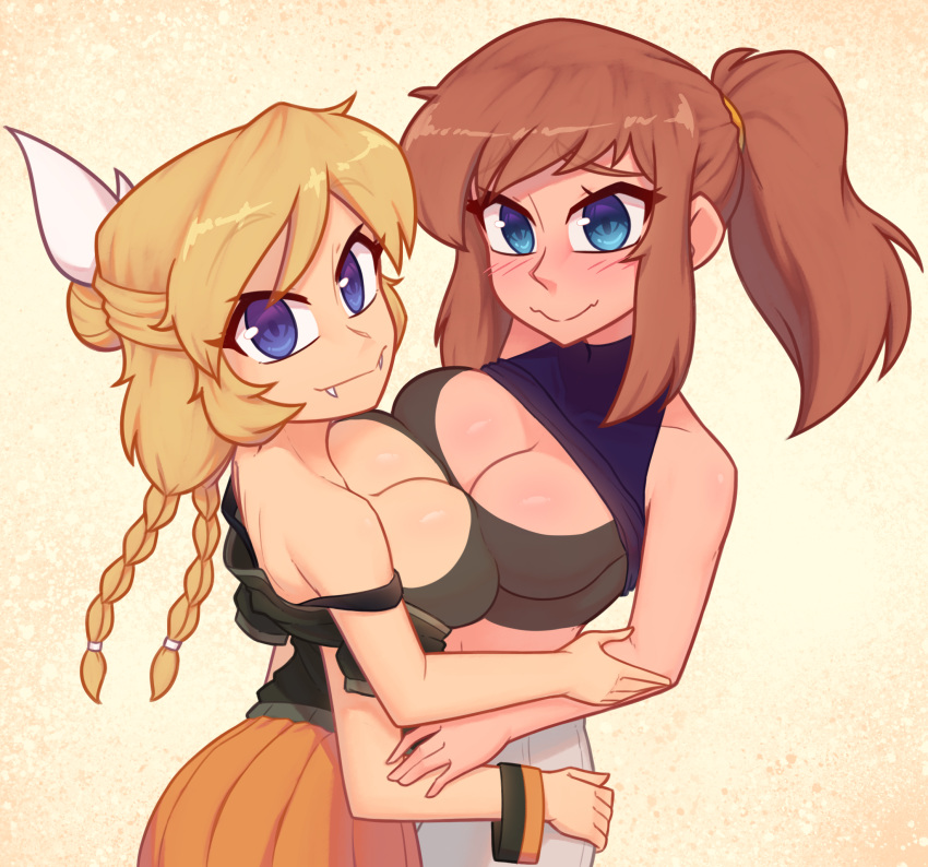 2girls a_hat_in_time aged_up black_bra blonde_hair blue_eyes blush bra breasts brown_hair fangs highres large_breasts multiple_girls nelly_(xyronii) original ponytail shirt sidelocks simple_background smile underwear xyronii