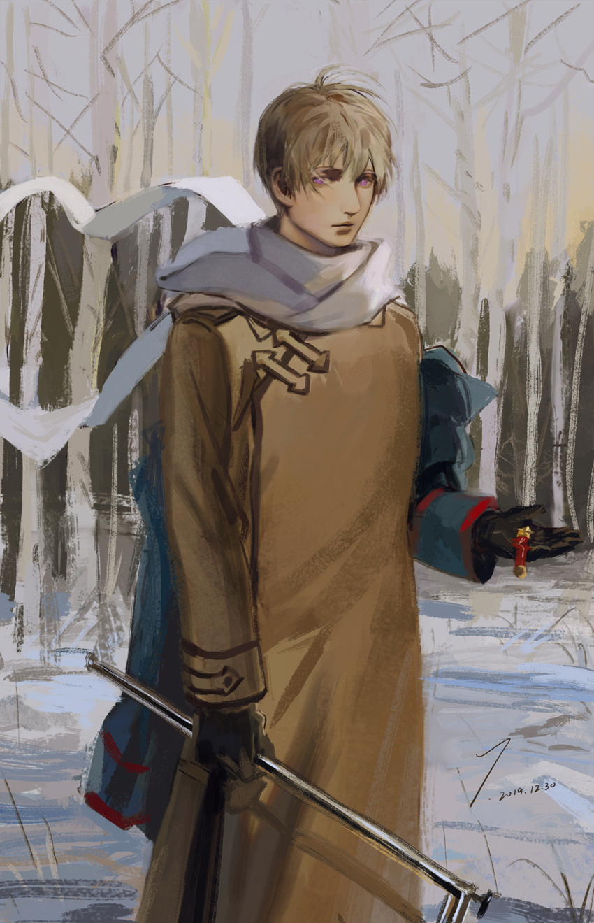 1boy 2019 arm_at_side arrow_(symbol) axis_powers_hetalia badge bare_tree black_gloves blonde_hair blue_jacket brown_coat closed_mouth coat daligaoxin163 dated expressionless finland_(hetalia) forest gloves highres holding holding_badge jacket long_sleeves looking_at_viewer male_focus nature outdoors painterly purple_eyes scarf short_hair signature solo standing tree unworn_jacket white_scarf