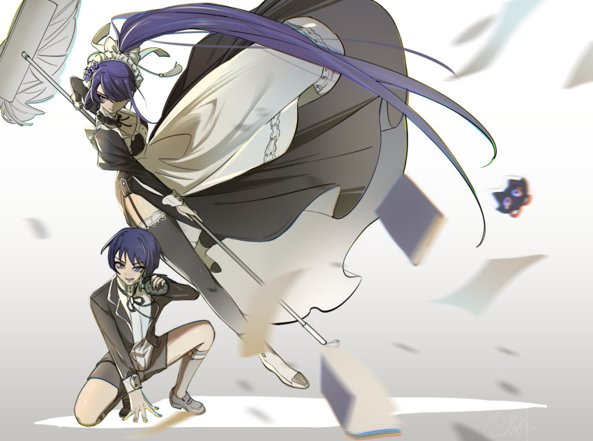 1girl blue_eyes blue_hair blunt_bangs bomb broom explosive genshin_impact grey_background hair_between_eyes hair_flowing_over hair_over_one_eye highres holding holding_broom holding_weapon long_hair long_sleeves maid maid_headdress mother_and_son nihaowojiaoshanghetu on_one_knee ponytail purple_eyes purple_hair raiden_shogun scaramouche_(genshin_impact) shorts simple_background suit thighs wanderer_(genshin_impact) weapon