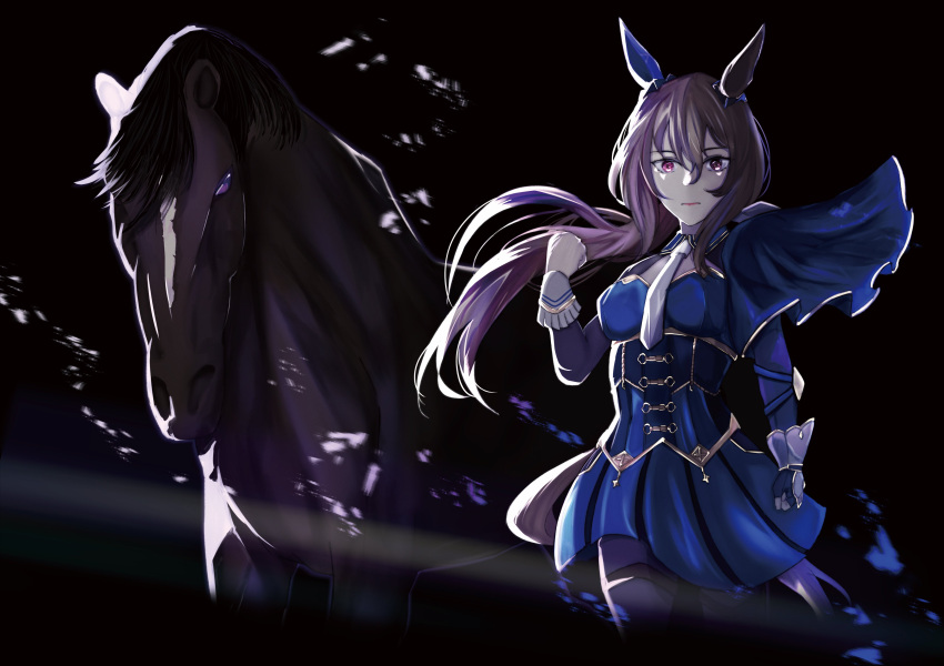 1girl absurdres admire_vega_(racehorse) admire_vega_(umamusume) animal animal_ears black_background blue_skirt brown_hair creature_and_personification ear_covers highres horse horse_ears horse_girl horse_tail kisaragi1304 looking_at_viewer low_ponytail necktie skirt solo tail umamusume white_necktie