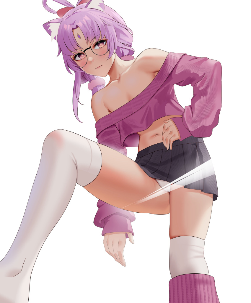 1girl absurdres animal_ears anoreika_tomoe bare_shoulders bespectacled black_skirt cat_ears commentary_request crop_top crop_top_overhang facial_mark forehead_mark fu_xuan_(honkai:_star_rail) glasses highres honkai:_star_rail honkai_(series) kemonomimi_mode long_hair long_sleeves looking_at_viewer midriff miniskirt navel off-shoulder_sweater off_shoulder panties pink_eyes pink_hair pink_sweater pleated_skirt round_eyewear simple_background skirt solo stomach sweater thighhighs thighs underwear unfinished white_background white_panties white_thighhighs