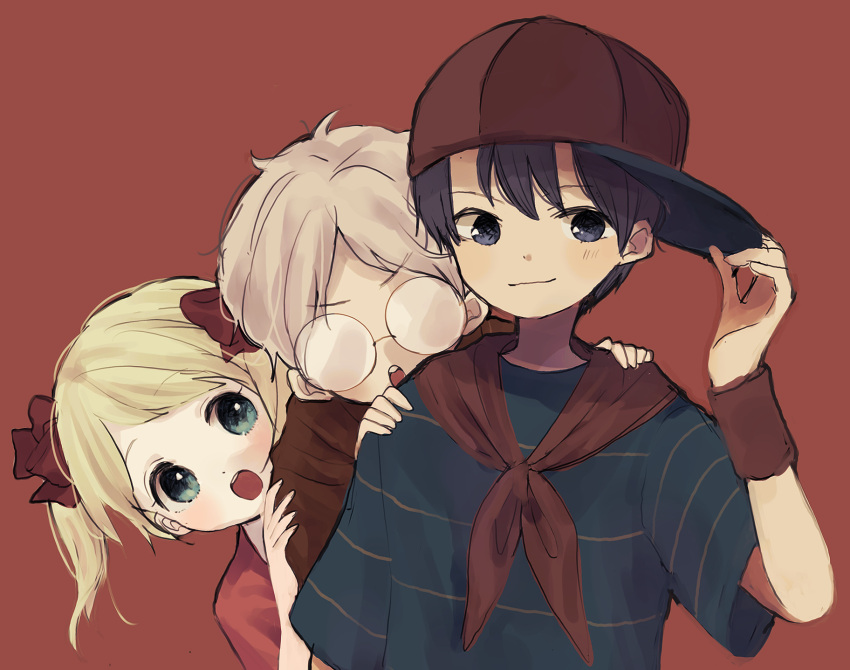 1girl 2boys ana_(mother) baseball_cap blonde_hair blue_eyes closed_mouth commentary_request dress glasses hat highres kohori lloyd_(mother) mother_(game) mother_1 multiple_boys ninten pink_dress red_background shirt short_twintails striped_clothes striped_shirt twintails