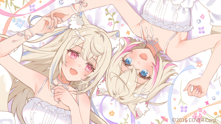 2girls ahoge animal_ear_fluff animal_ears bare_shoulders blonde_hair blue_eyes blue_hair blue_nails bow commentary_request company_name dog_ears dog_girl dog_tail double-parted_bangs dress fangs floral_background fuwawa_abyssgard hair_between_eyes hair_bow hand_up holding_hands hololive hololive_english long_hair looking_at_another lying miyako_(xxxbibit) mococo_abyssgard multicolored_hair multiple_girls neck_ribbon official_art on_back open_mouth partial_commentary pink_eyes pink_hair pink_nails ribbon short_hair siblings sisters skin_fangs smile streaked_hair sundress tail twins virtual_youtuber white_background white_dress white_ribbon