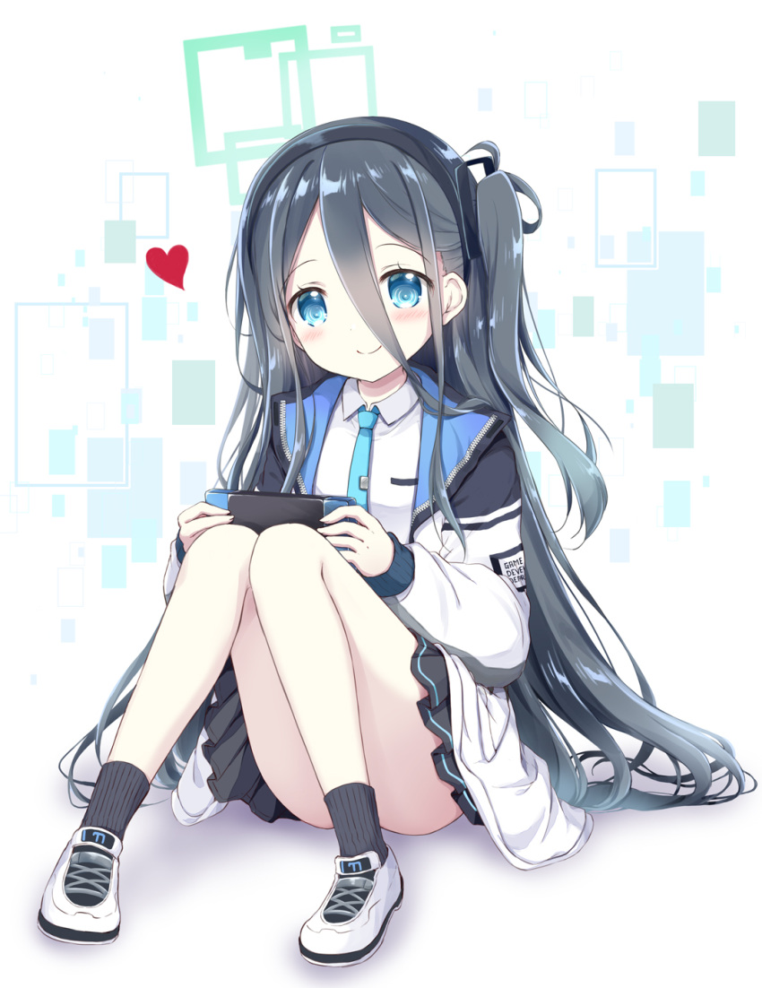 1girl aris_(blue_archive) black_hair black_hairband black_skirt black_socks blue_archive blue_eyes blue_necktie blush closed_mouth collared_shirt commentary_request convenient_leg full_body hair_between_eyes hairband halo heart highres holding jacket knees_together_feet_apart knees_up long_hair long_sleeves looking_at_viewer nanase_miori necktie one_side_up open_clothes open_jacket pleated_skirt puffy_long_sleeves puffy_sleeves ribbed_socks shirt shoes simple_background sitting skirt sleeves_past_wrists smile socks solo very_long_hair white_background white_footwear white_jacket white_shirt