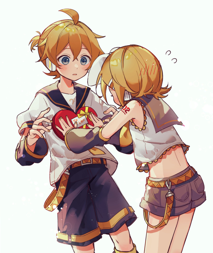 1boy 1girl absurdres belt black_sailor_collar black_shorts blonde_hair blush candy chocolate food hair_ribbon heart heart-shaped_chocolate highres kagamine_len kagamine_rin ponytail ribbon sailor_collar sazanami_(ripple1996) shorts valentine vocaloid yellow_nails