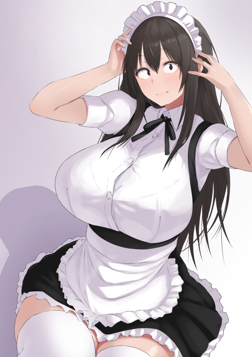 1girl apron black_eyes black_hair black_skirt bralines breasts collared_shirt commentary_request frilled_skirt frills gradient_background hair_between_eyes highres huge_breasts long_hair looking_at_viewer maid maid_apron maid_headdress natsuishi_nana original shadow shirt short_sleeves sidelocks simple_background skirt smile solo thighhighs white_shirt white_thighhighs zettai_ryouiki
