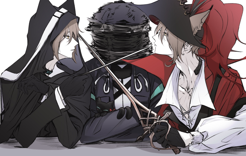 1other 2boys absurdres animal_ears arknights black_cape black_gloves black_headwear black_jacket black_shirt brown_hair cape cat_boy cat_ears commentary doctor_(arknights) dual_persona feathers gloves half_gloves hat hat_feather highres hood hooded_cape jacket long_sleeves looking_at_another mask motion_lines multiple_boys oripathy_lesion_(arknights) p_(hgdsisd) phantom_(arknights) phantom_(focus)_(arknights) red_cape red_feathers shirt simple_background sword_to_throat upper_body white_background white_shirt yellow_eyes