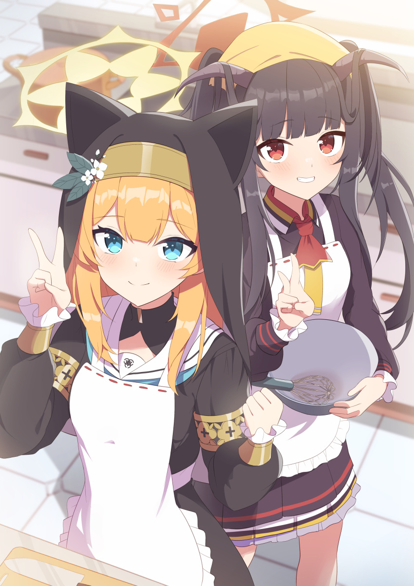 2girls absurdres animal_ears aoto_mei apron black_hair blue_archive blue_eyes blush bowl cat_ears fuuka_(blue_archive) habit hair_ornament halo highres horns kitchen long_hair looking_at_viewer mari_(blue_archive) multiple_girls nun orange_hari red_eyes school_uniform smile v