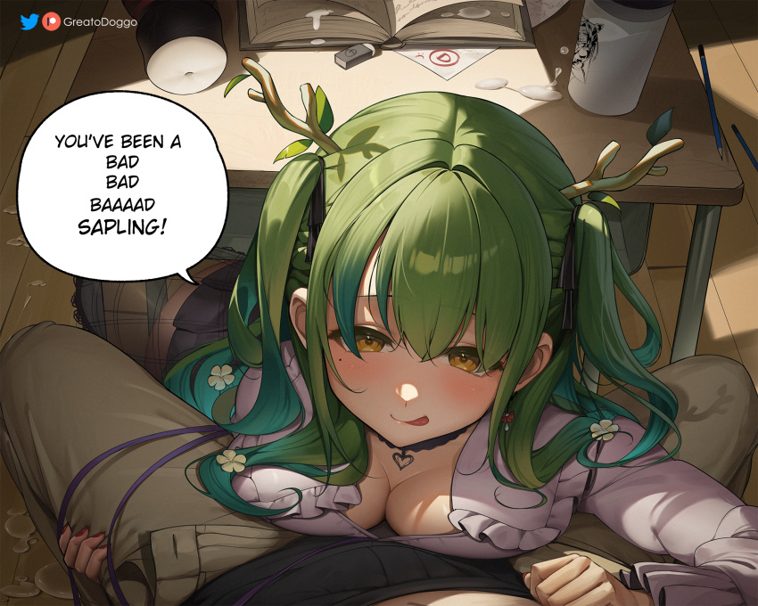 1boy 1girl antlers blush braid braided_bangs branch breasts ceres_fauna cleavage commentary earrings english_commentary english_text flower greatodoggo green_hair hair_flower hair_ornament highres hololive hololive_english horns jewelry large_breasts licking_lips long_hair looking_at_viewer mole mole_under_eye multicolored_hair pov pov_crotch red_nails sex_toy smile solo_focus tenga tongue tongue_out underwear virtual_youtuber yellow_eyes